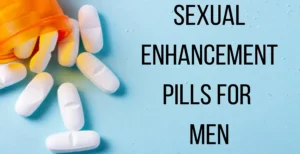 Bottle of male sexual enhancement pills with blue capsules, promising increased performance and stamina.