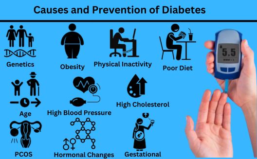 An image showing the causes of Diabetes and prevention of diabetes, including healthy diet, exercise, and regular check-ups.